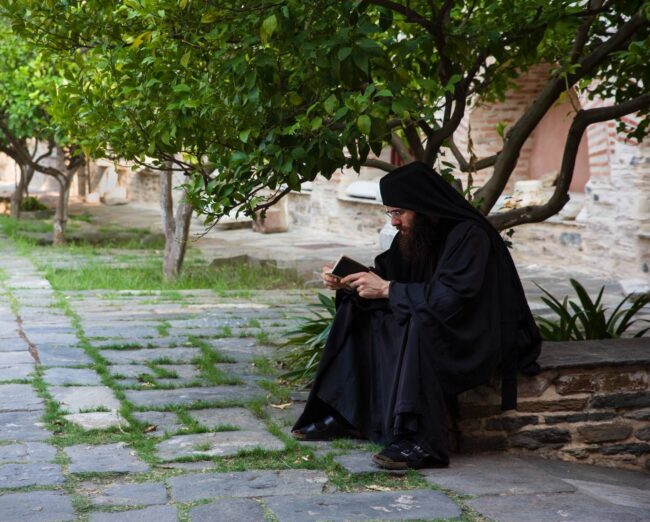 монах монах читает под деревом